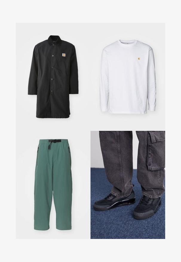 Schwarzer, mittellanger Mantel aus robustem Material, mit einem Kragen, Druckknöpfen auf der Vorderseite, seitlichen Taschen und einem kleinen Logo-Patch auf der Brust.; Weißes Langarm-T-Shirt aus Baumwolle. Mit kleinem goldenem Logo auf der Brust und Rundhalsausschnitt. Einfaches Design und normale Passform.; Grüne, leichte Hose mit lockerer Passform. Verfügt über einen verstellbaren Bund und zwei seitliche Reißverschlusstaschen. Glatte Textur, cropped Länge.; Schwarze Sportschuhe mit einer strukturierten Oberfläche, glatten Akzenten und einer chunky Sohle, kombiniert mit dunklen, lässig sitzenden Cargo-Hosen.