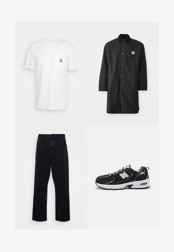 Sort mellemlang frakke lavet af kraftigt stof, med krave, frontknapper, sidelommer og et lille logo-patch på brystet.; Hvid bomulds T-shirt med korte ærmer, en brystlomme, og et lille firkantet logo patch i orange og hvid på lommen.; Sorte denimbukser med lige ben, der har en knap- og lynlåslukning, bæltestropper og minimale syninger.; Sorte og grå sportssko med mesh og ruskind på overdelen, der har en hvid mellemsål, snørebånd og et iøjnefaldende "N" logo på siden.