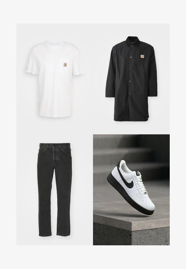 Schwarzer, mittellanger Mantel aus robustem Material, mit einem Kragen, Druckknöpfen auf der Vorderseite, seitlichen Taschen und einem kleinen Logo-Patch auf der Brust.; Weißes Baumwoll-T-Shirt mit kurzen Ärmeln, einer Brusttasche und einem kleinen quadratischen Logopatch in Orange und Weiß auf der Tasche.; Schwarze Jeans aus Denim mit geradem Bein, klassischem Fünf-Taschen-Design, Knopfverschluss und verblasster Optik. Angenehme Textur, keine sichtbaren Muster.; Weißer Ledersneaker mit schwarzen Akzenten, abgerundetem Zehenbereich und perforierten Details. Schwarze Gummisohle mit strukturiertem Muster und Schnürverschluss.
