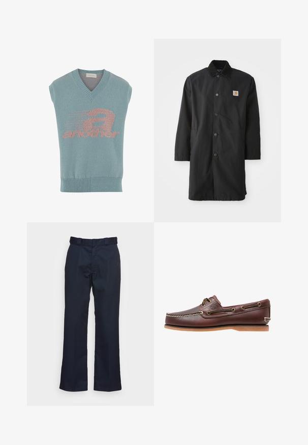 Manteau noir mi-long en tissu robuste, avec un col, des boutons-pression à l'avant, des poches latérales et un petit patch logo sur la poitrine.; Gilet en tricot sans manches de couleur bleu clair avec un col en V, présentant un design graphique rose avec le mot "un autre" et un motif de vitesse. Base côtelée.; Pantalons bleu marine avec une coupe droite, fabriqués dans un tissu lisse, dotés d'une taille standard et sans motifs ni éléments visibles.; Chaussure bateau en cuir marron avec coutures blanches, détails de lacets et semelle en caoutchouc beige, vue de côté sur fond blanc.