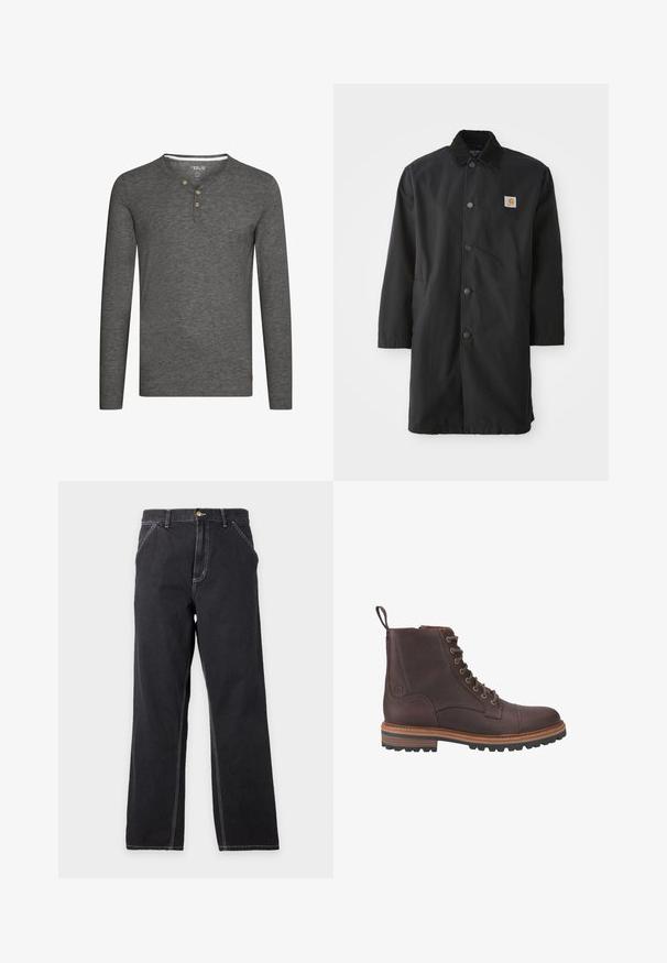 Abrigo negro de longitud media, hecho de una tela resistente, con cuello, botones a presión en la parte delantera, bolsillos laterales y un pequeño parche con logo en el pecho.; Camisa de manga larga gris con un escote tipo henley, tres botones de madera y una pequeña etiqueta con el logo en la parte inferior izquierda. Tejido suave y texturizado.; Vaqueros negros de pierna recta con bolsillos delanteros, trabillas para el cinturón y costuras blancas visibles sobre un fondo liso gris claro.; Botas de piel marrón con cordones hasta el tobillo, acabado texturizado, suelas beige contrastantes y ojales metálicos. Incluyen una lengüeta para facilitar su puesta.