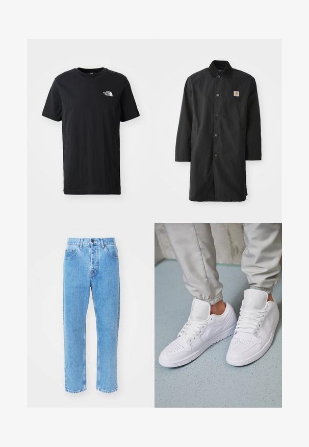 Sort mellemlang frakke lavet af kraftigt stof, med krave, frontknapper, sidelommer og et lille logo-patch på brystet.; Sort bomulds t-shirt med korte ærmer, rund hals, med et lille hvidt logo på venstre bryst. Blød tekstur, afslappet pasform.; Lyseblå denimjeans har en lige ben-design, fem lommer og en klassisk knaplukning i taljen.; Hvide lædersneakers har en perforeret tåboks, flade snørebånd, polstret krave og Jordan-logoet på tungen. Båret med grå joggers.