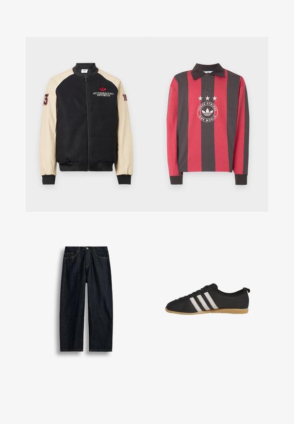 Zwart-beige jas met ritssluiting, met "Authentic Sports" en een rood logo op de borst, het nummer "73" op de linkermouw en "19" op de rechtermouw.; Polo met lange mouwen met brede verticale rode en donkergrijze strepen, kraag en een centraal logo met drie sterren en de tekst "Three Stripes One World."; Donkerblauwe straight-leg spijkerbroek met gele stiksels, voorzakken en een knoopsluiting in de taille.; Zwarte lage sneaker met witte strepen en bruine rubberen zool, zijaanzicht op een witte achtergrond.