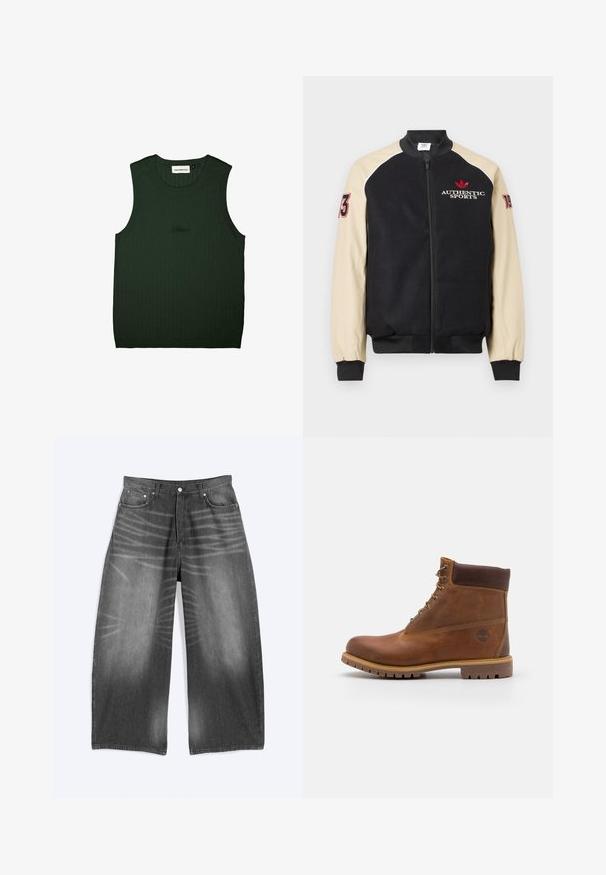 Zwart-beige jas met ritssluiting, met "Authentic Sports" en een rood logo op de borst, het nummer "73" op de linkermouw en "19" op de rechtermouw.; Groene geribde tanktop met een rond decolleté en zonder mouwen. Bevat subtiele branding in het zwart nabij het midden. Zachte textuur.; Wijde uitlopende vervaagde zwarte denim jeans met voorzakken en knoopsluiting, plat uitgespreid op een lichte achtergrond.; Bruine leren wandelschoen met een gladde afwerking, gevoerde enkel, metalen oogjes en een rubberen zool met een robuust profiel.
