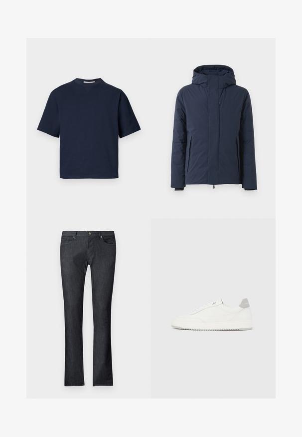 Marineblaue isolierte Jacke mit Kapuze, mit einem Reißverschluss, seitlichen Taschen und einer glatten, matten Textur.; Marineblaues Kurzarm-T-Shirt mit V-Ausschnitt, aus weichem Material, mit lockerer Passform und minimalistischem Design, ohne sichtbare Muster oder Beschläge.; Dunkelblaue Jeans aus Denim mit geradem Schnitt, ausgestattet mit Front- und Gesäßtaschen, einem Metallknopfverschluss und dezenten Nähdetails.; Weißer Sneaker mit niedrigem Schaft, grauem Fersenlaschen, weißen Schnürsenkeln und einer strukturierten Sohle, dargestellt vor einem schlichten hellen Hintergrund.