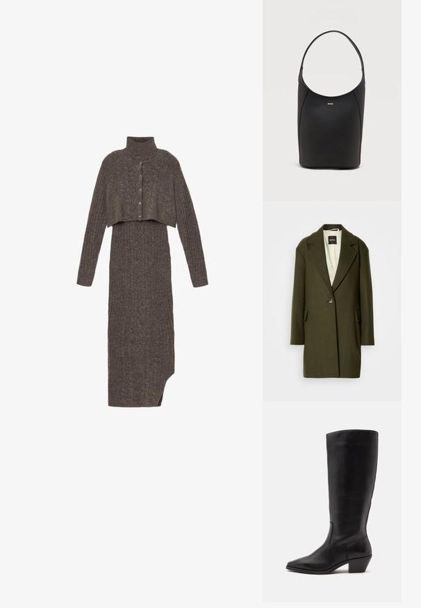 Manteau en laine mélangée vert foncé avec un revers cranté, fermeture à un bouton et poches latérales. L'intérieur est doté d'un léger revêtement matelassé.; Robe en maille avec un col roulé et une couche supérieure courte de couleur gris foncé. Présente une texture côtelée et une fermeture à boutons sur le devant. Ourlet asymétrique.; Botte en cuir noire mi-mollet avec un bout pointu et un talon bas incliné sur un fond clair uni.; Sac seau en cuir noir avec une seule bandoulière et un petit logo BOSS doré centré près du haut à l'avant.