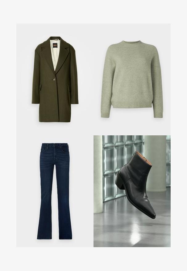 Mørkegrøn uldblandingsfrakke med spids klapkrave, enkelt knaplukning og sidelommer. Indersiden har en let quiltet fore.; DRYKORN PEMIRI - Striktrøje - green; Mørkeblå udvidede jeans lavet af denim. Har fem lommer, en knaplukning og subtile falmninger langs lårene.; Sort læderankelstøvle med spids tå og blokhæl, der svæver over en reflekterende grå gulv nær en væg af glasblokke.