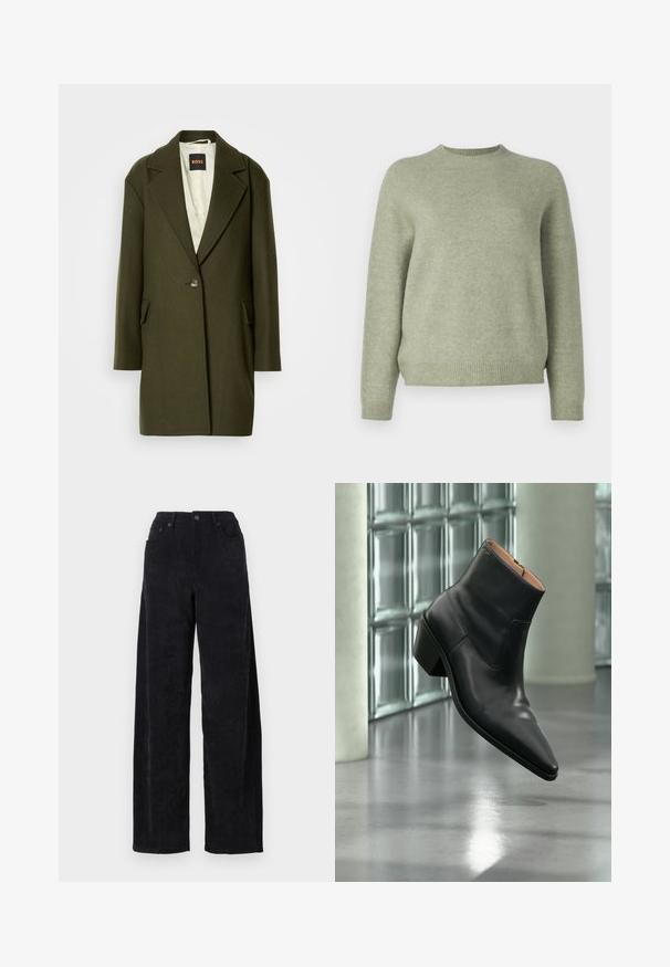 Abrigo de mezcla de lana de color verde oscuro con solapa muesca, cierre de un solo botón y bolsillos laterales. El interior presenta un forro acolchado ligero.; DRYKORN PEMIRI - Jersey de punto - green; Pantalones de sarga ancha negros con una cintura alta, que cuentan con dos bolsillos frontales y una sutil textura de canalé vertical.; Botín de piel negra con puntera puntiaguda y tacón cuadrado que levita sobre un suelo gris reflectante cerca de una pared de bloques de cristal.