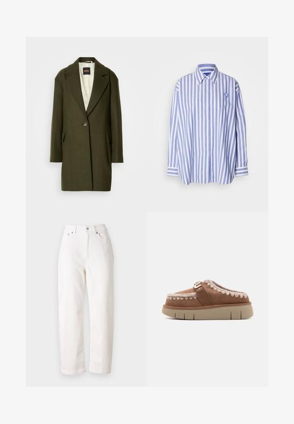 Donkergroene wolmix jas met een notch-lapel, enkele knoopsluiting en zijzakken. De binnenkant heeft een lichte gewatteerde voering.; HUGO ELISANA - Overhemdblouse - open blue; Witte spijkerbroek van denim met een rechte pijp, hoge taille, ritssluiting en metalen knoopsluiting. Beschikt over vijf zakken en subtiele stiksels.; Bruine leren instapper met een beige rubberen zool, contrasterend gevlochten detail op de bovenkant en een decoratieve gesp-accent.