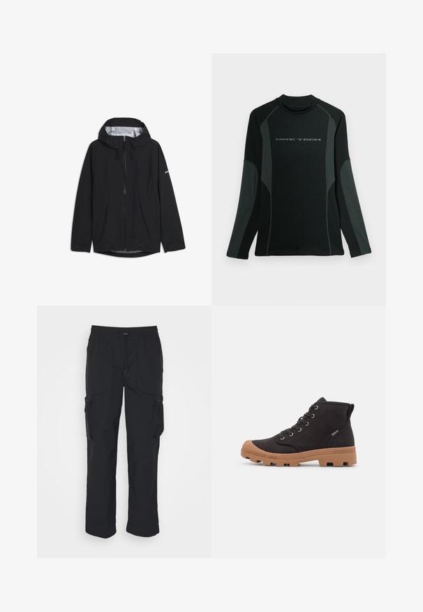 Veste de pluie noire à capuche avec fermeture éclair frontale et poches latérales, légère et résistante à l'eau, présentée sur fond blanc.; Chemise noire à manches longues avec col haut, fabriquée en tissu texturé. Présente des panneaux latéraux gris et le logo "NIKE TECH" sur la poitrine.; Pantalons cargo noirs en tissu tissé. Dotés d'une taille réglable, de poches latérales et de deux poches utilitaires avec zips.; Bottes de cheville en toile noire avec semelles en caoutchouc marron, dotées d'œillets en métal, d'un design à lacets et d'une surface texturée.