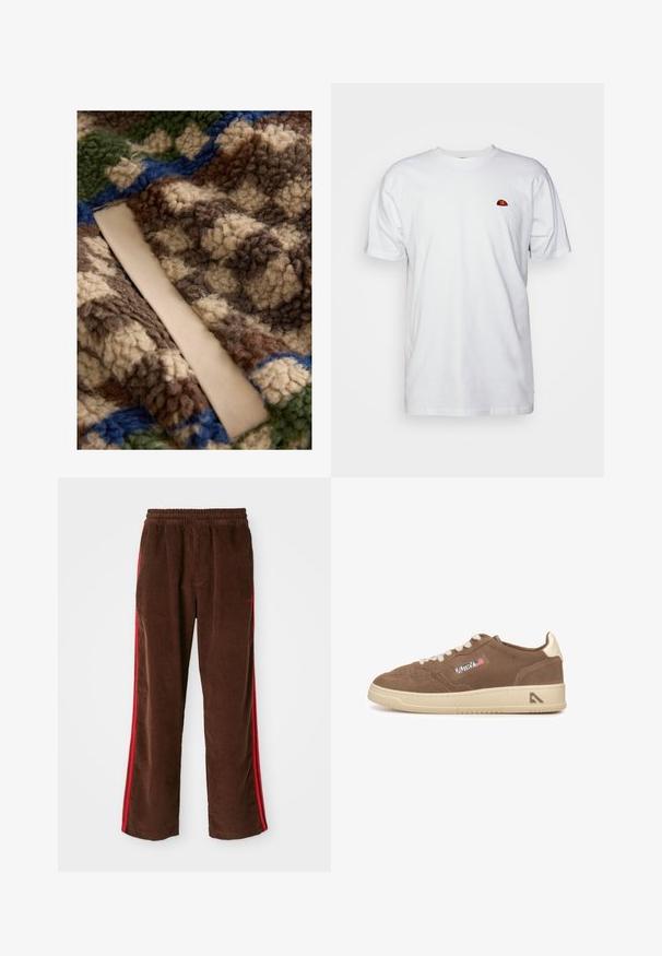 Tela texturizada en patrones marrón, verde y azul con un suave fondo beige. Incluye un acabado esponjoso y acentos de color contrastantes.; Camiseta blanca de algodón con un pequeño logo multicolor bordado en la parte izquierda del pecho, con un cuello redondo clásico y mangas cortas.; Pantalones de pana marrones con una cintura elástica, que presentan rayas laterales rojas y piernas rectas. Tela texturizada con sutiles detalles acanalados.; Zapatilla baja de ante marrón con cordones blancos, puntera perforada, suela beige y un logo de la bandera americana en el lateral.
