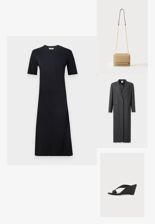 Langer dunkelgrauer Mantel mit zwei Knöpfen, Reverskragen mit Schlitz, langen Ärmeln und zwei Vordertaschen, vor weißem Hintergrund dargestellt.; Filippa K Jerseykleid - black; Schwarze Keilsandale mit offenem Zehenbereich und überkreuzten Riemen, mit kleinem goldfarbenem Detail am oberen Riemen vor einfachem Hintergrund.; Beigefarbene, strukturierte Leder-Umhängetasche mit goldfarbener Kette und Klappverschluss, kompakte rechteckige Form, Michael Kors-Logo auf der Vorderseite.
