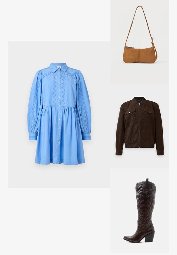 Καστανό σουέτ bomber jacket με ραμμένη κολάρο, μανσέτες και στρίφωμα, δύο μπροστινές τσέπες με καπάκι και κουμπιά ασφαλείας, και κεντρική φερμουάρ.; Ανοιχτό μπλε φόρεμα με γιακά, κουμπιά μπροστά και φουσκωτά μανίκια. Περιέχει κεντημένες ζιγκ-ζαγκ λεπτομέρειες στον κορμό και τις μανσέτες.; Ψηλό σκούρο καφέ δερμάτινο καουμπόικο μπότες με κεντημένα διακοσμητικά σχέδια, μυτερό μύτη και συσσωρευμένο τετράγωνο τακούνι.; Καφέ τσάντα ώμου από σουέντ με καμπύλο σχήμα, ρυθμιζόμενο λουράκι, κλείσιμο με φερμουάρ και ελάχιστα μεταλλικά στοιχεία. Λείο ύφασμα με απλό σχεδιασμό.