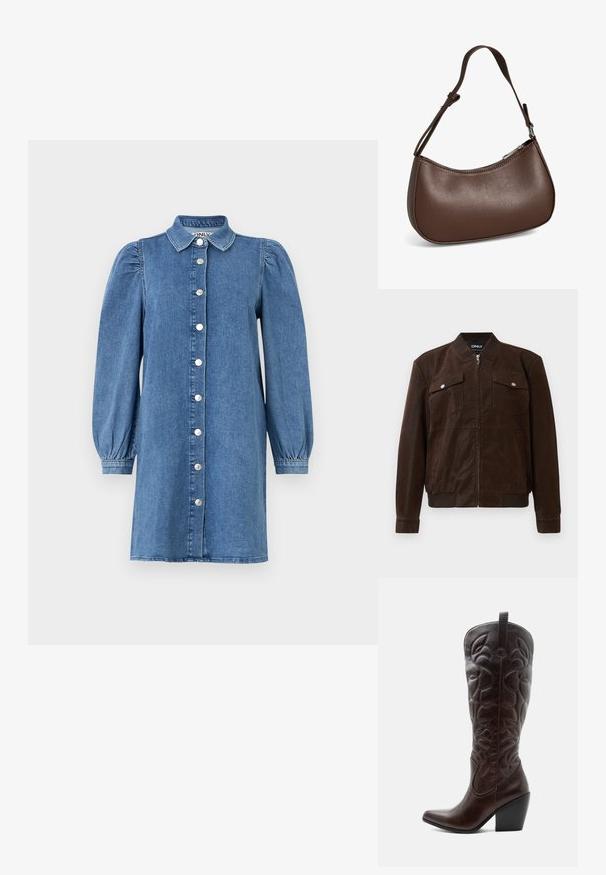 Veste bombardier en daim marron foncé avec col, poignets et ourlet côtelés, deux poches avant à rabat avec boutons-pression et fermeture éclair centrale.; Robe en denim avec de longues manches bouffantes, fermeture à boutons sur le devant, col et coupe droite. Tissu bleu à texture lisse.; Botte de cowboy haute en cuir marron foncé avec motifs décoratifs cousus, bout pointu et talon bloc empilé.; Petit sac bandoulière en cuir marron avec sangle réglable et fermeture éclair, présenté sur fond blanc. Aucun logo ou décoration visible.