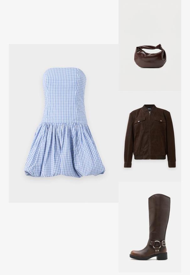 Chaqueta bomber de ante marrón oscuro con cuello, puños y bajo acanalados, dos bolsillos frontales con tapa y botón de presión, y cierre central de cremallera.; Vestido sin tirantes en patrón de cuadros azul y blanco, con un corsé ajustado y una falda acampanada y fruncida con un acabado texturizado.; Bota de cuero marrón hasta la rodilla con un acento de hardware metálico redondo y hebilla. Parte superior ligeramente texturada, tacón apilado y diseño de punta redondeada.; Bolso de hombro de cuero marrón oscuro con una forma suave y caída, y un asa con nudo torcido sobre un fondo blanco liso.