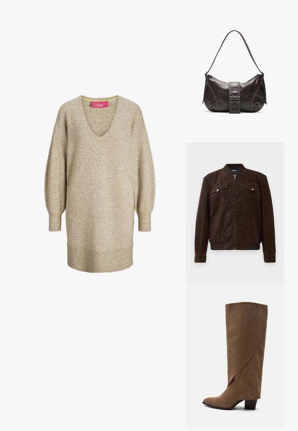 Mørkebrun suede bomberjakke med ribbet krave, manchetter og kant, to forreste flaplommer med trykknapper og central lynlås.; Beige strikket kjole med lange ærmer, V-hals samt ribbet kant og manchetter, med en løs og behagelig pasform.; Brun ruskind knehøj støvle med en foldet detalje og en mellemhøj blokhæl, vist fra siden på en hvid baggrund.; Brun læder skuldertaske med en buet form, der har et fremtrædende spænde, kontrasterende syninger og en enkelt skulderrem.