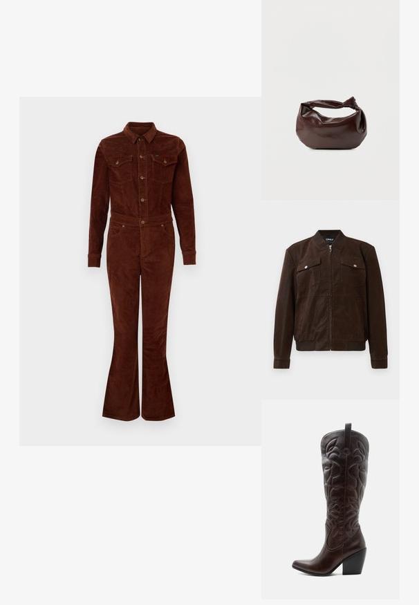 Dunkelbraune Wildleder-Bomberjacke mit geripptem Kragen, Bündchen und Saum, zwei vorderen Klappentaschen mit Druckknöpfen und zentralem Reißverschluss.; Brauner Corduroy-Overall mit Kragen, langen Ärmeln, lässigen Beinen, Brusttaschen und metallischen Knopfakzenten. Glatte Textur und taillierter Schnitt.; Hoher dunkelbrauner Leder-Cowboystiefel mit gestickten dekorativen Mustern, spitzer Spitze und gestapeltem Blockabsatz.; Dunkelbraune Lederschultertasche mit weicher, lockerer Form und einem gedrehten Knotengriff vor schlichtem weißem Hintergrund.