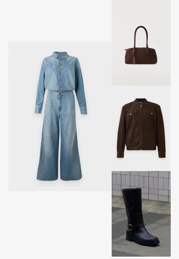 Mørkebrun suede bomberjakke med ribbet krave, manchetter og kant, to forreste flaplommer med trykknapper og central lynlås.; Denimskjorte og jumpsuit med vide ben i lys blå. Har krave, knaplukning, lange ærmer og en bælte i taljen for pasform.; Sort midt på læggen læderstøvle med lav hæl og dekorativ rem med metalspænde, stående på en grå belagt overflade nær en flisevæg.; Mørkebrun ruskindshåndtaske med to lange håndtag og en lille fastgjort tag, sat mod en ensfarvet lys baggrund.