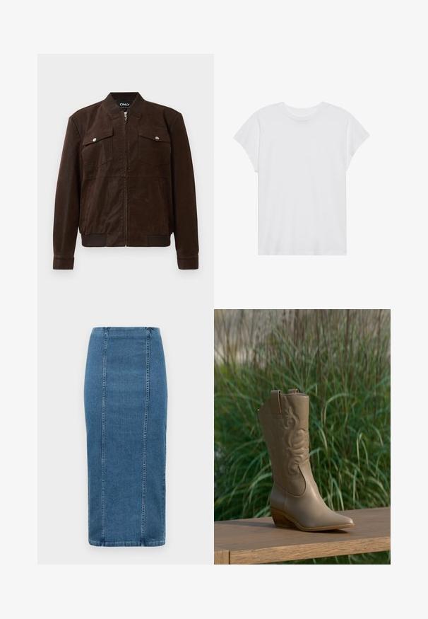 Chaqueta bomber de ante marrón oscuro con cuello, puños y bajo acanalados, dos bolsillos frontales con tapa y botón de presión, y cierre central de cremallera.; Camiseta blanca de manga corta con cuello redondo, corte relajado, hecha de suave tela de algodón. Textura lisa, sin estampados ni logotipos.; Falda lápiz de mezclilla azul con costuras verticales y cintura alta, que llega por debajo de la rodilla, exhibida sobre un fondo blanco.; Bota vaquera de cuero color canela con diseño bordado y tacón de madera colocada sobre una superficie de madera con fondo de plantas verdes.