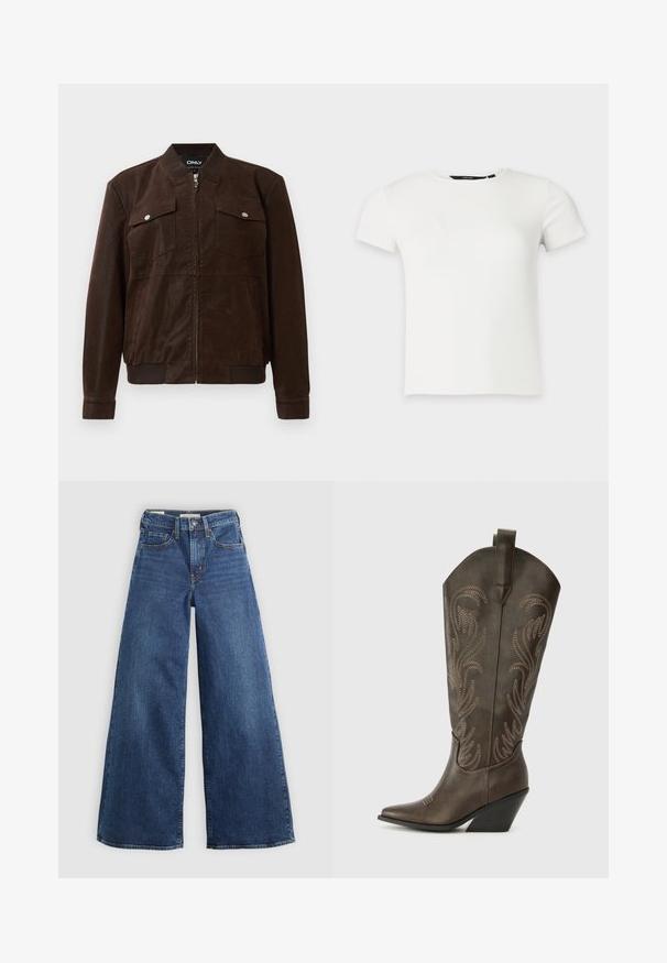 Dunkelbraune Wildleder-Bomberjacke mit geripptem Kragen, Bündchen und Saum, zwei vorderen Klappentaschen mit Druckknöpfen und zentralem Reißverschluss.; Weißes kurzärmeliges, geripptes Strick-T-Shirt mit Rundhalsausschnitt, dargestellt vor einem schlichten hellgrauen Hintergrund.; Weite blaue Jeans aus Denim mit fünf Taschen, einem Knopfverschluss und Kontrastnähten, die eine weiche und strukturierte Oberfläche aufweisen.; Braune Leder-Cowboystiefel mit einer spitzen Zehe, Wedge-Absatz und dekorativer Stickerei. Besitzt einen hohen Schaft und eine Zuglasche.