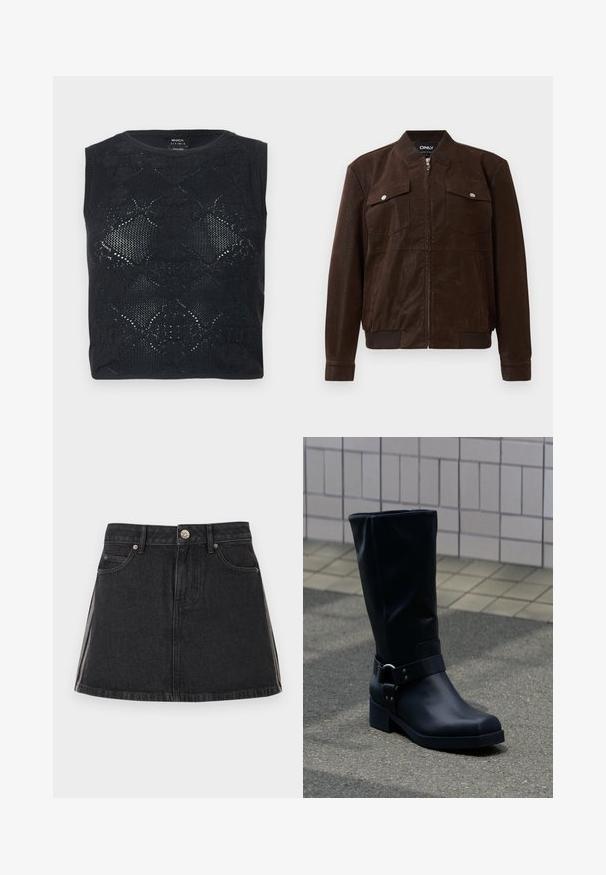 Καστανό σουέτ bomber jacket με ραμμένη κολάρο, μανσέτες και στρίφωμα, δύο μπροστινές τσέπες με καπάκι και κουμπιά ασφαλείας, και κεντρική φερμουάρ.; Μαύρο πλεκτό τοπ χωρίς μανίκια με σχέδιο από ανθικό δαντέλα και στρογγυλή λαιμόκοψη, διπλωμένο επίπεδα σε ανοιχτό φόντο.; Μαύρη μίνι φούστα από τζιν με θηλιές για ζώνη, κλείσιμο με κουμπιά μπροστά, τσέπες μπροστά και λευκές ρίγες στα πλάγια.; Μαύρη δερμάτινη μπότα μέχρι τη μέση της γάμπας με χαμηλό χοντρό τακούνι και διακοσμητικό λουρί με μεταλλική αγκράφα γύρω από τον αστράγαλο, σε πλακόστρωτο πεζοδρόμιο.