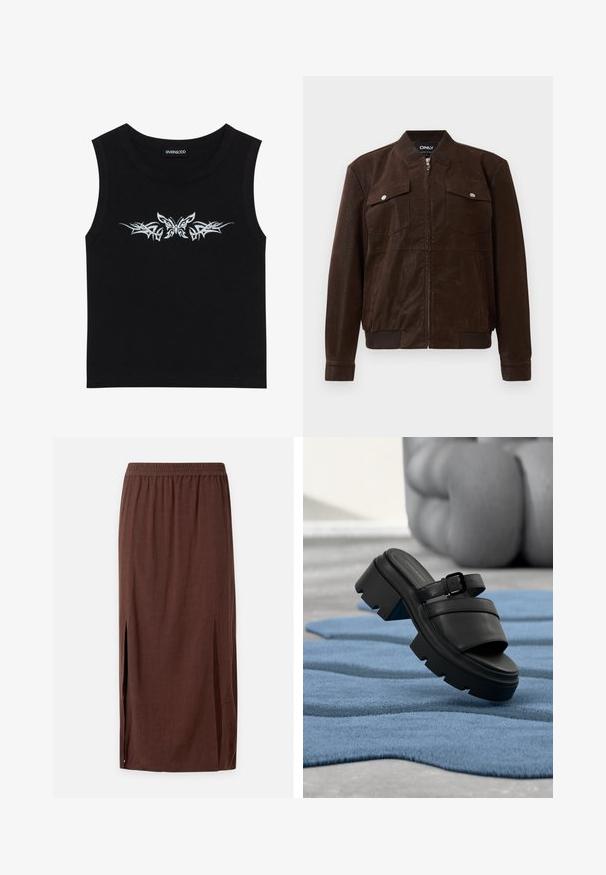 Veste bombardier en daim marron foncé avec col, poignets et ourlet côtelés, deux poches avant à rabat avec boutons-pression et fermeture éclair centrale.; Haut sans manches noir en coton ; présente un design avec un papillon argent métallique et un motif tribal sur la poitrine. Encolure ronde.; Jupe midi marron avec ceinture élastique et fentes latérales, fabriquée en tissu léger.; Sandale noire à talon carré avec bride à boucle flottant au-dessus d'un tapis bleu texturé, avec des jambes floues pliées en arrière-plan.
