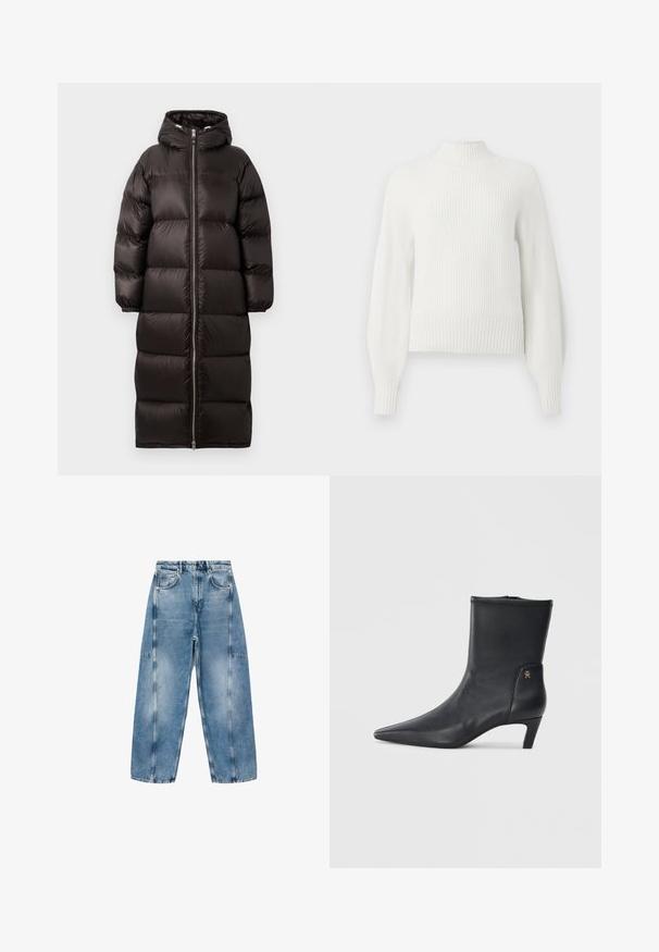 Langer schwarzer, gepolsterter Wintermantel mit durchgehendem Reißverschluss und Kapuze, mit horizontalen Steppnähten und elastischen Bündchen.; Weißer, gerippter Strickpullover mit langen Ballonärmeln und einem kurzen Stehkragen, auf einem einfarbigen Hintergrund präsentiert.; Hellblaue Denim-Jeans haben eine lockere Passform, große Taschen und kontrastierende Nähte. Der Stoff hat eine ausgeblichene Optik mit einer glatten Textur.; Schwarze Leder-Stiefeletten mit spitzem Zehenbereich und niedrigem Absatz. Sie haben eine glatte Textur und ein kleines goldenes Logo-Detail an der Seite.