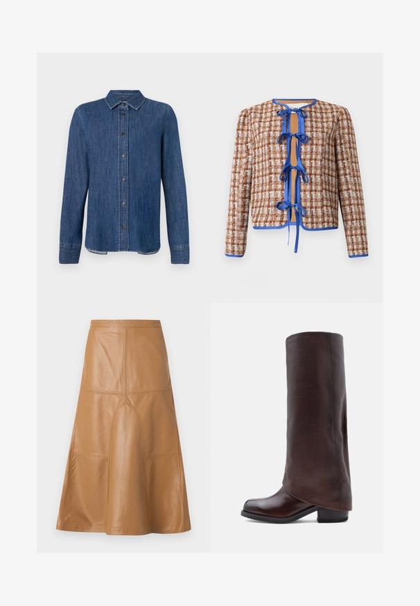 Veste tissée en marron et blanc avec des bordures bleues. Dotée d'un col rond et de liens sur le devant, mettant en valeur un motif texturé sur l'ensemble.; Chemise en denim bleu foncé à manches longues, avec un devant à boutons, un col classique et des coutures visibles. Présente un ourlet droit avec une légère courbe sur les côtés.; Jupe midi ligne A en simili cuir marron avec des détails de coutures visibles et un léger évasement à l'ourlet, présentée sur un fond uni.; Bottes en cuir marron foncé, montant jusqu'au genou, avec un petit talon carré et un bout arrondi, présentées en profil latéral sur fond blanc.