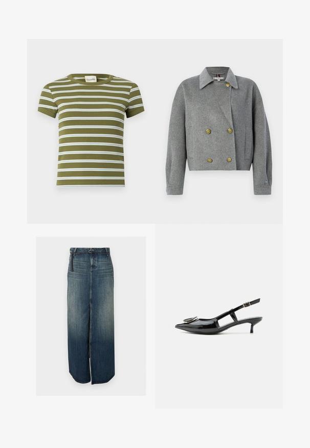 Veste en mélange de laine grise avec un devant croisé, un col surdimensionné et des boutons dorés. Comprend une poche latérale et des détails aux poignets.; T-shirt côtelé vert olive à manches courtes avec des rayures blanches et bleu clair horizontales, col rond et étiquette de marque à l'intérieur du col.; Longue jupe en jean avec fente devant et ceinture fine noire, avec un lavage bleu délavé et un style classique à cinq poches.; Escarpin slingback en cuir verni noir avec petit talon, bout pointu, côtés découpés, bride à boucle et détail métallique circulaire sur le bout.
