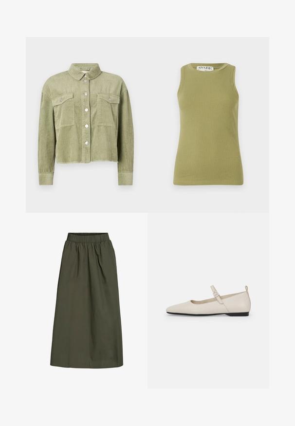 Grøn kordfløjl skjortejakke med et struktureret, ribbet design, to brystlommer og sølvknaplukning foran. Kortet fit med en slidset kant.; Grøn, ribbet tanktop med rund halsudskæring og ærmeløs design. Stoffet har et struktureret mønster med en tætsiddende silhuet.; Olivengrøn, ankel-længde nederdel med samlet elastisk talje og en glat, let krøllet stoftekstur.; Hvide ballerinasko i læder med spids tå, ankelsnor og lav sort hæl. Glat tekstur med minimale detaljer.