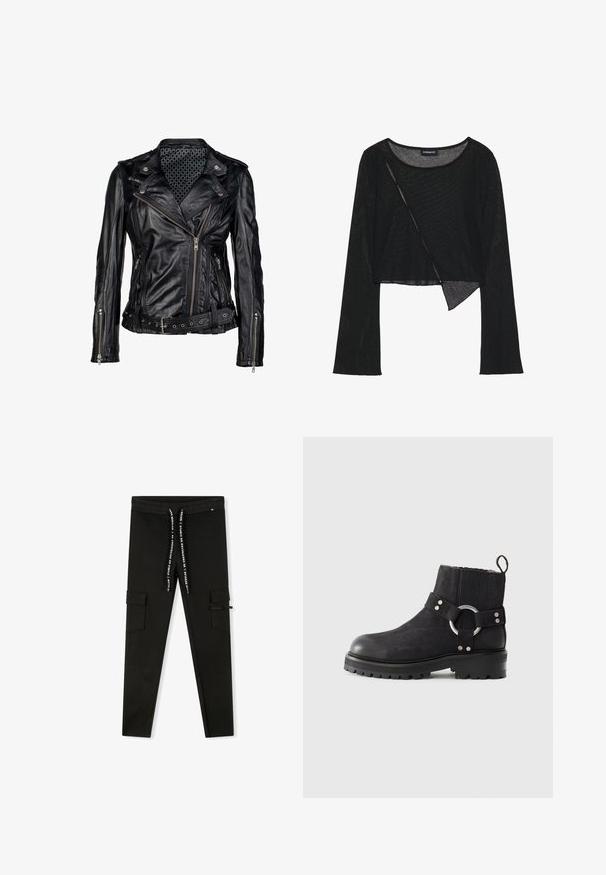 Sort læder bikerjakke med bælte i taljen, asymmetrisk lynlås og trykknapper. Indvendigt har jakken et mønstret foer.; Sort langærmet cropped top i et let, gennemsigtigt stof. Har en rund halsudskæring og en asymmetrisk kant med en let tekstur.; Sorte joggerbukser lavet af bomuldsblandingsstof, med snøre i taljen, sidelommer til cargo og en slim fit design.; Sorte ankelstøvler med rund tå, tekstureret overdel, elastiske sidepaneler og en dekorativ sølvring som accent. Kraftig sål med groft mønster.