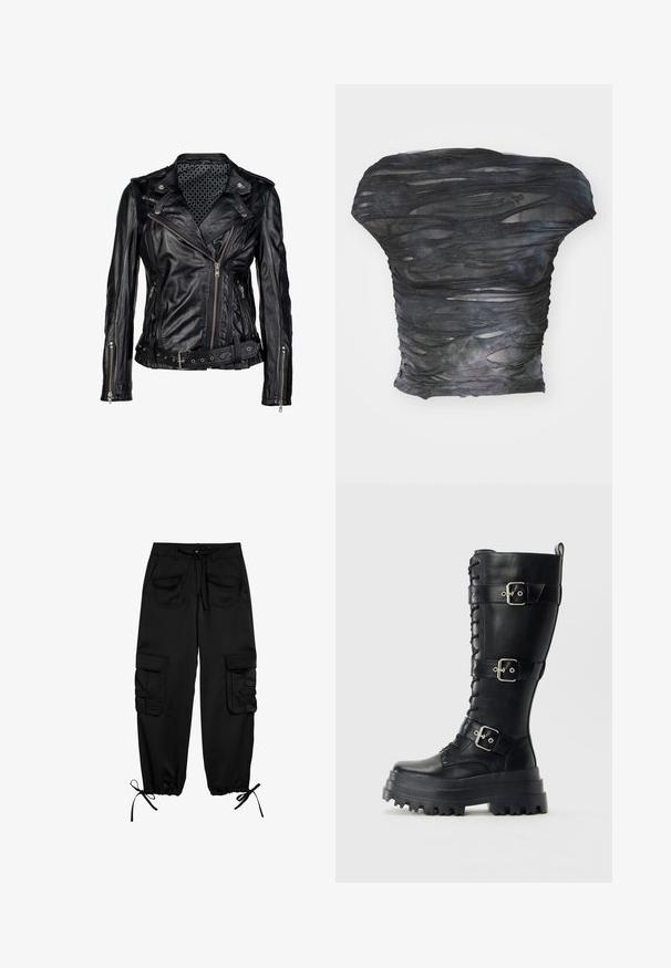 Sort læder bikerjakke med bælte i taljen, asymmetrisk lynlås og trykknapper. Indvendigt har jakken et mønstret foer.; Sort, gennemsigtig top med et tekstureret, lagdelt design med horisontale udsparinger. Materialet ser let ud med subtile farvevariationer.; Sorte cargo-bukser lavet af blødt stof, med snor i taljen, to forlommer og to sidelommer med knapklapper. Justerbare manchetter.; Høj sort læder militærstøvle med kraftig sål, tre justerbare spænder og snørebånd foran på en ensfarvet baggrund.