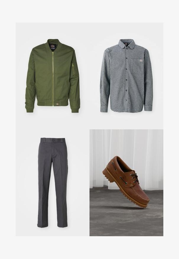 Veste bomber vert olive avec fermeture éclair à l'avant, poignets et ourlet côtelés. Présente une poche zippée sur la manche gauche et un écusson logo à la taille.; Chemise à manches longues à carreaux noir et blanc, avec col et petite patch logo sur la poche poitrine gauche.; Pantalons gris foncé en mélange de coton, présentant un design à jambes droites, des poches avant et une fermeture à bouton à la taille.; Chaussure de bateau en cuir marron avec des lacets noirs, des coutures beiges et une semelle robuste, suspendue au-dessus d'un sol en béton gris.