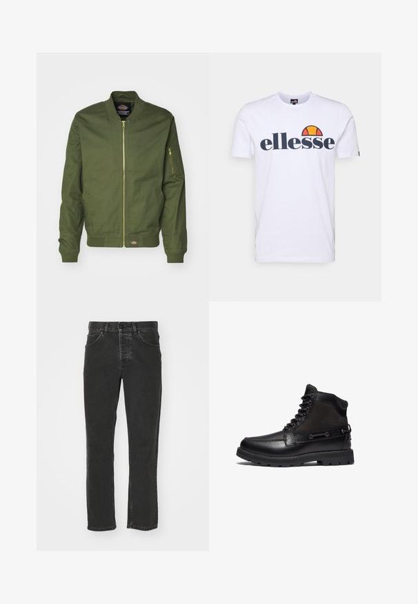 Oliven grøn bomberjakke med lynlås fortil, ribbede manchetter og kant. Har en lynlåslomme på venstre ærme og et logo patch ved taljen.; Hvid bomulds t-shirt med et mørkeblåt "ellesse" logo og et farverigt halvcirkeldesign ovenfor. Kortærmet og med en klassisk pasform.; Sorte denim jeans med lige ben, klassisk fem-lomme design, knaplukning i taljen og en falmet overflade. Glat tekstur, ingen synlige mønstre.; Timberland BRITTON ROAD EYE MOC-TOE - Snørestøvletter - black