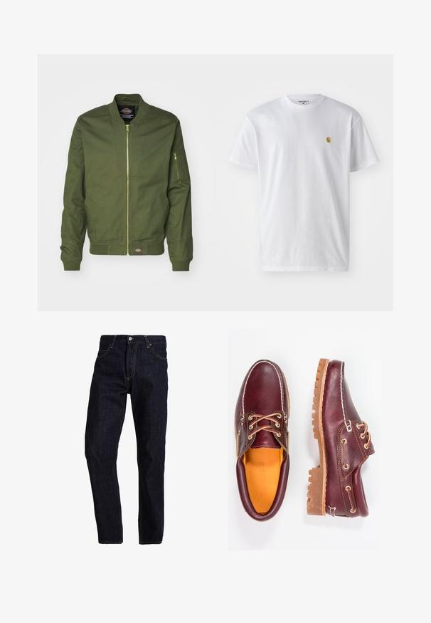 Veste bomber vert olive avec fermeture éclair à l'avant, poignets et ourlet côtelés. Présente une poche zippée sur la manche gauche et un écusson logo à la taille.; T-shirt en coton blanc à manches courtes, col rond, avec un petit logo doré sur la poitrine gauche. Texture douce et coupe régulière.; Un jean en denim bleu foncé avec une coupe droite, doté de coutures jaunes, de cinq poches et d'une fermeture à bouton classique avec une fermeture éclair.; Chaussures en cuir bourgogne avec semelles en caoutchouc marron, bout rond, couture blanche et œillets dorés. L'intérieur présente une doublure jaune.