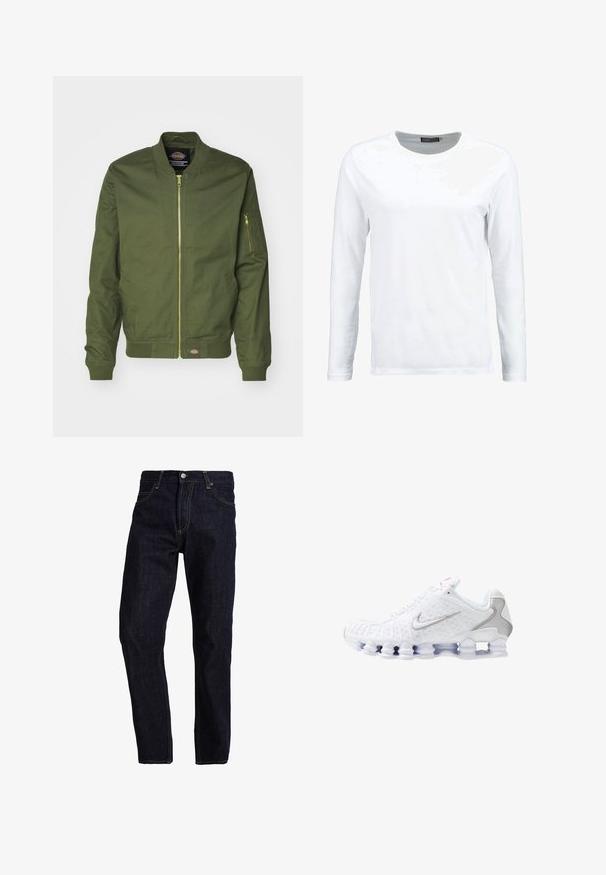 Veste bomber vert olive avec fermeture éclair à l'avant, poignets et ourlet côtelés. Présente une poche zippée sur la manche gauche et un écusson logo à la taille.; T-shirt blanc à manches longues en coton, avec un col rond et une texture lisse. Sans motifs ni accents. Design simple.; Un jean en denim bleu foncé avec une coupe droite, doté de coutures jaunes, de cinq poches et d'une fermeture à bouton classique avec une fermeture éclair.; Chaussures de sport blanches avec une tige texturée, un logo Swoosh argenté, des empiècements en mesh et une semelle blanche segmentée distinctive.