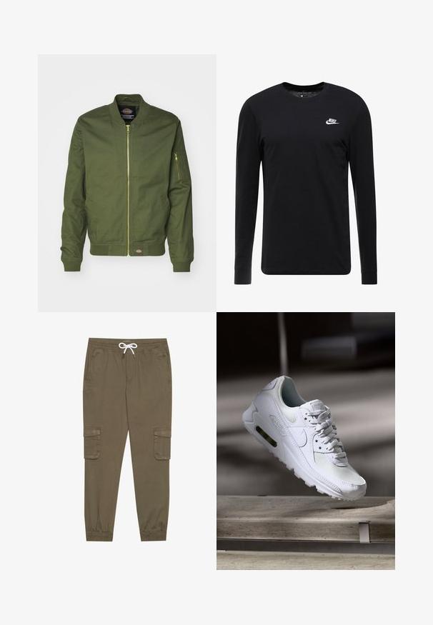 Veste bomber vert olive avec fermeture éclair à l'avant, poignets et ourlet côtelés. Présente une poche zippée sur la manche gauche et un écusson logo à la taille.; T-shirt noir à manches longues en coton, avec un col rond, des poignets côtelés et un petit logo Nike blanc sur la poitrine.; Pantalons cargo kaki avec une taille élastique et un cordon de serrage, dotés de poches latérales et de chevilles côtelées. Fabriqués en matériau texturé et léger.; Sneaker Nike Air Max 90 blanche avec une tige en mesh et cuir, une boîte à orteils perforée et une unité air visible au talon.