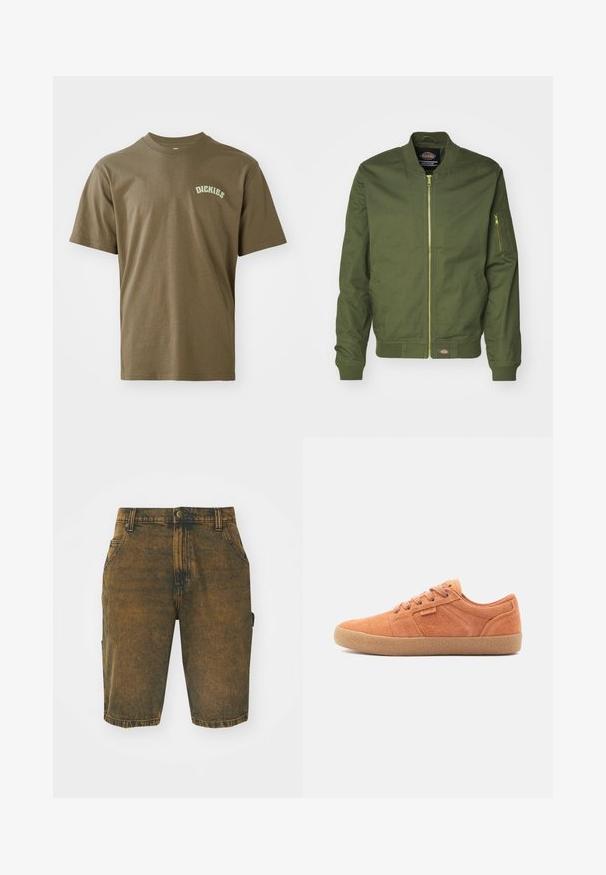 Olivená bomber bunda so zipsovým predným uzáverom, pružnými manžetami a lemom. Obsahuje zipsovú kapsu na ľavom rukáve a nášivku s logom na páse.; Olivovo zelené bavlnené tričko s krátkymi rukávmi, okrúhlym výstrihom a malým bielym logom "Dickies" potlačeným na ľavej hrudi. Hladká textúra.; Džínové šortky vo vyblednutej hnedej farbe s jemne opotrebovanou textúrou. Obsahujú pútka na opasok, predné vrecká a bočné vrecko na cargo.; Svetlohnedé semišové tenisky s textúrovaným povrchom, okrúhlou špičkou a gumovou podrážkou. Obsahujú šnurovací dizajn a prešívané akcenty po stranách.