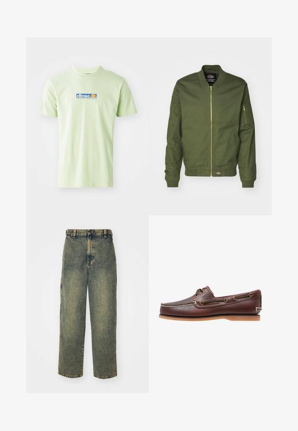 Oliven grøn bomberjakke med lynlås fortil, ribbede manchetter og kant. Har en lynlåslomme på venstre ærme og et logo patch ved taljen.; Lys grøn bomulds T-shirt med et blåt og orange "ellesse" logo foran. Klassisk crew neck design med korte ærmer.; Slidse denim jeans i en falmet blå og grøn vask. Har en knaplukning, bælteløkker og sidelommer. Flad front og lige ben-design.; Brun læder bådsko med hvide sømme, snøre detaljer og lysbrun gummisål, vist fra siden på hvid baggrund.