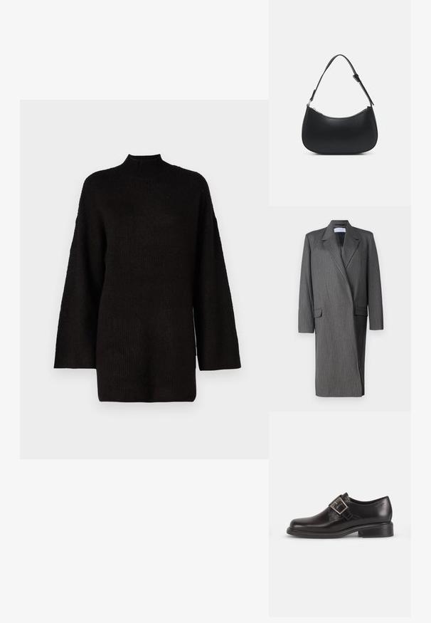 Blazer long gris à rayures avec des revers crantés, des manches longues et un devant croisé. Tissu texturé avec une silhouette ajustée.; Pull en tricot noir surdimensionné avec un col haut et des manches longues, présentant un tissu texturé pour un intérêt visuel supplémentaire.; Chaussure habillée en cuir noir avec un bout arrondi, détail de boucle de ceinture sur le côté et semelle texturée, posée sur un fond blanc uni.; Pieces PCALUANA SHOULDER BAG - Sac à main - black