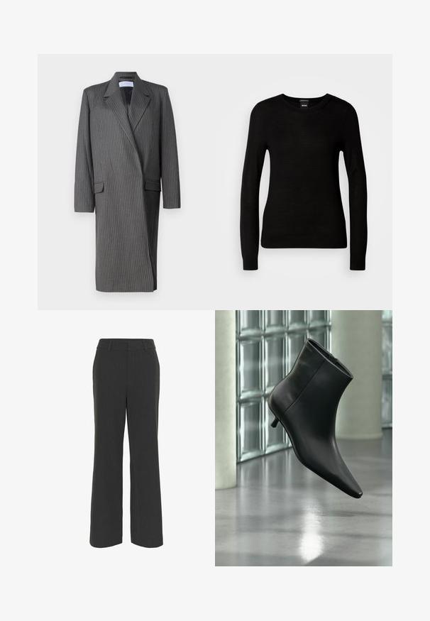 Blazer largo gris a rayas con solapas de muesca, mangas largas y un frente de doble botonadura. Tejido texturizado con una silueta entallada.; Suéter negro confeccionado en un material de punto fino, con cuello redondo y mangas largas con puños ajustados. Sin patrones ni adornos visibles.; Pantalones de pierna ancha en gris oscuro con una tela texturizada, que cuentan con un frente plano, presillas para cinturón y un dobladillo limpio, adecuados para vestir formal o casual.; Botín negro de cuero con punta puntiaguda y tacón bajo estilo kitten, mostrado en ángulo sobre un suelo pulido y con una pared de bloques de vidrio de fondo.