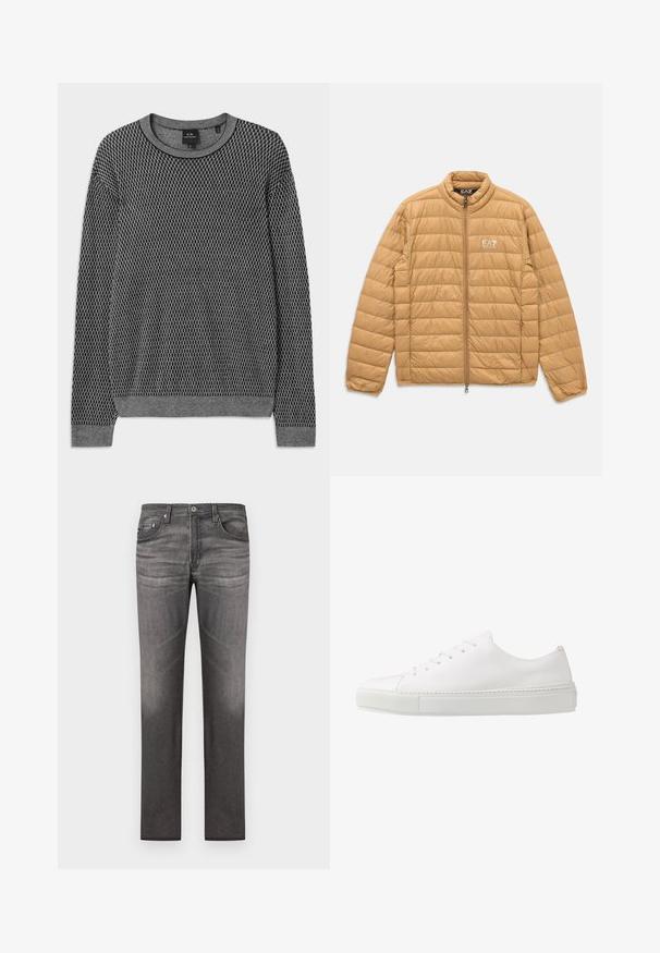 Veste matelassée brun clair avec un matelassage horizontal, fermeture éclair sur toute la longueur à l'avant, col montant et logo blanc EA7 Emporio Armani sur la poitrine.; Pull en tricot gris avec un motif texturé, encolure arrondie et poignets côtelés. Fabriqué à partir d'un matériau doux et léger.; Jean en denim gris foncé avec une coupe droite, cinq poches, délavage subtil et détails de couture le long des coutures.; Baskets en cuir blanc avec une finition lisse, bout rond et six œillets pour les lacets. Présente une semelle en caoutchouc texturée et un design minimaliste.