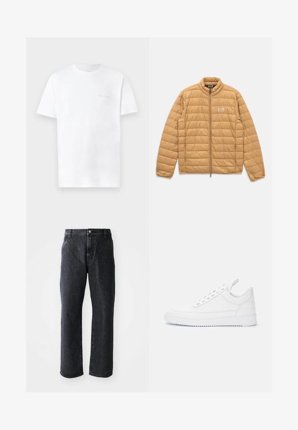 Chaqueta acolchada marrón claro con acolchado horizontal, cremallera frontal completa, cuello alto y logo blanco de EA7 Emporio Armani en el pecho.; Camiseta de algodón blanca con mangas cortas, cuello redondo, con un sutil estampado de logo gris en la zona del pecho izquierdo y una textura suave.; Jeans de mezclilla negra de corte recto, con cierre de botón, cinco bolsillos y una textura sutil. Diseño clásico sin patrones prominentes.; Zapatilla blanca de caña baja con cierre de cordones, detalles cosidos, lengüeta en el talón y suela acanalada sobre un fondo claro liso.