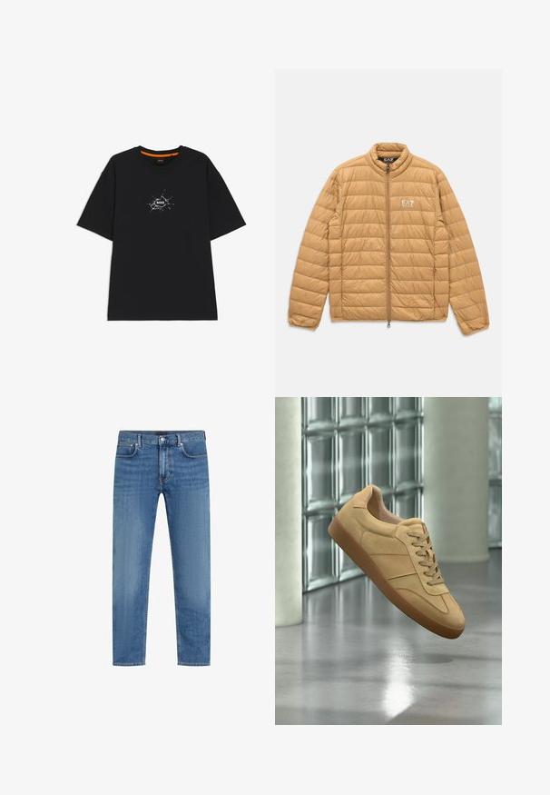Lichtbruine gewatteerde jas met horizontale quilt, volledige rits aan de voorkant, staande kraag en wit EA7 Emporio Armani-logo op de borst.; Zwart T-shirt met korte mouwen en een ronde hals, voorzien van een witte, barstachtige grafische afbeelding in het midden met het woord "BOSS".; Blauwe recht gesneden denim jeans met vijf zakken, knoop- en ritssluiting, en subtiele vervaging op de dijen.; Beige suède sneaker met rubberen zool, veterdesign, zwevend binnenshuis op gepolijst betonnen vloer nabij een glasblokmuur.