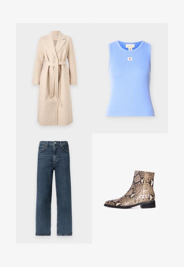 Beige lange wollen jas met brede revers, twee zijzakken en een bijpassende riem gestrikt in taille, getoond tegen een eenvoudige achtergrond.; Mouwloze lichtblauwe geribbelde tanktop met ronde hals en een kleine Calvin Klein Jeans logo patch in het midden van de borst.; Donkerblauwe jeans met rechte pijpen, gemaakt van denim, voorzien van een ontwerp met vijf zakken, riemlussen en een knoopsluiting aan de tailleband.; Schoen van slangenleer tot de enkel met een puntige neus, met een glanzende afwerking, neutrale beige en bruine kleuren, lage zwarte hak en een gestructureerd patroon.