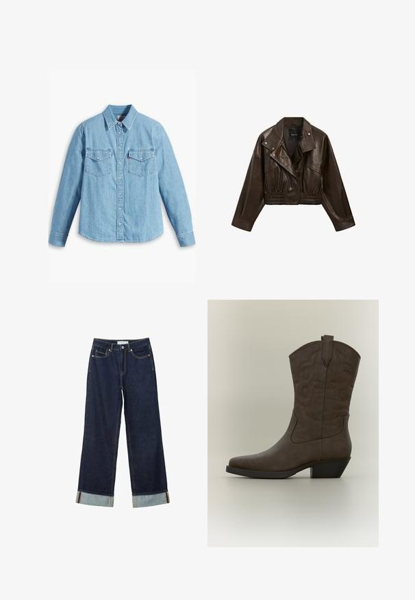 Dunkelbraune, kurz geschnittene Lederjacke mit breitem Revers, Druckknöpfen, Frontreißverschluss und elastischem Taillenbund.; Helles blaues Denimhemd mit langen Ärmeln, spitzem Kragen, zwei Brusttaschen, Knopfleiste und subtiler Struktur. Keine sichtbaren Muster.; Dunkelblaue, weit geschnittene Jeans mit hoher Taille, ausgestattet mit aufgerollten Säumen, Kontrastnähten und einem Fünf-Taschen-Design. Hergestellt aus Denim-Stoff.; Brauner, halbhoher Leder-Cowboystiefel mit spitzer Kappe, dekorativen Nähte, Zugschlaufe und schrägem Blockabsatz vor neutralem Hintergrund.