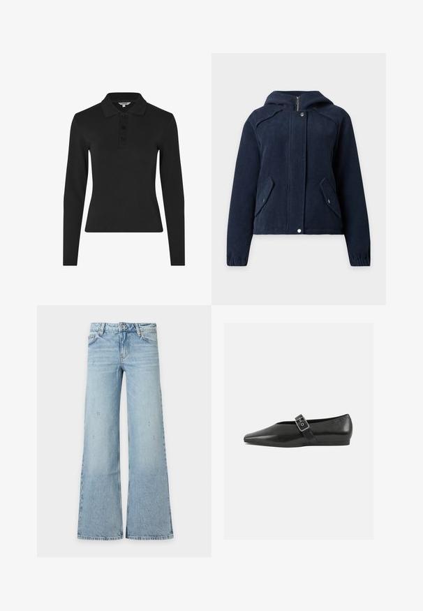 Marineblå kordfløjlsjakke med hætte, foran lynlås og trykknapper, lange ærmer og to frontlommer med klap og trykknapper.; Langærmet sort polo shirt lavet af ribbet stof, med en klassisk krave og en tre-knaps placket foran.; Lyseblå høj talje denimjeans med let slid og brede, udvidede ben, vist fladt på en hvid baggrund.; Sorte læder flade sko med spidse tæer, prydet med en metallisk spænde over vristen og en lav, fleksibel sål.
