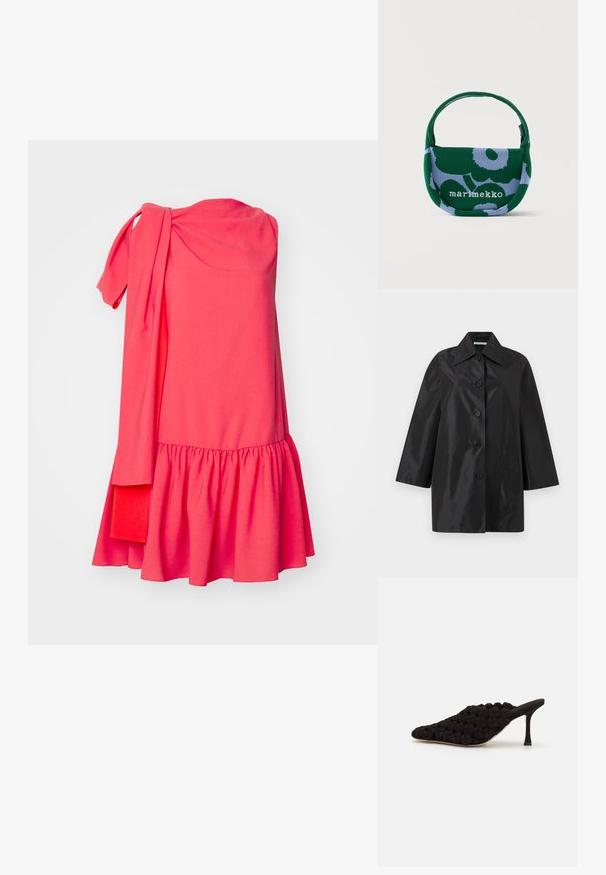 Must musta keskpikk mantel laia kraega, viie eesmiselt kinnitatava nupu ja pikkade varrukatega, esitletud ilma taustata valgel taustal.; Roksanda SOLENNE DRESS - Kokteilikleit/peokleit - light hibiscus/deep sienna; A.W.A.K.E. MODE REGINA WEAVED MULE - Kontsaga tagant lahtised kingad - black; Väike roheline ja helelilla lillemustriga kangast käekott ühe käepidemega, esiküljel tekst "marimekko".