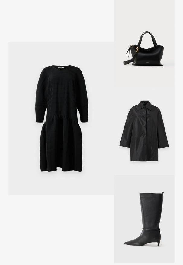 Must musta keskpikk mantel laia kraega, viie eesmiselt kinnitatava nupu ja pikkade varrukatega, esitletud ilma taustata valgel taustal.; Must mustriiniga midi kleit pikkade varrukatega, gathered vöökoht ja ümar kaelus, esitatud valge tausta peal.; Must musta põlvik, terava ninaga, millel on ümber pahkluu ümar rihm ja madal, kergelt kitsenev konts. Sile tekstuur.; Mustast nahast käsitööna valmistatud käekott kõveriku disainiga, kuldse riistvaraga, lühikeste sangade ja eemaldatava õlarihmaga. Omadused sisaldavad siledat tekstuuri ja logoga detaili.