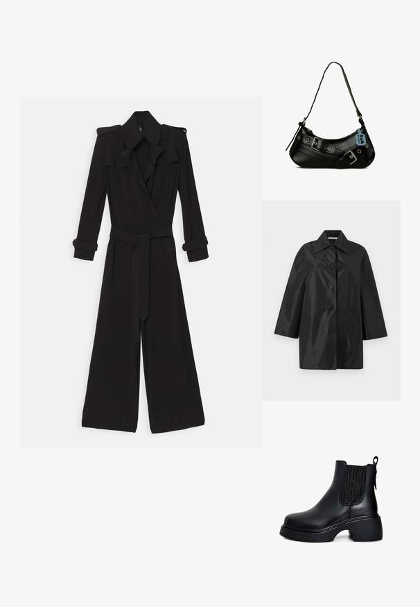 Zwarte mid-lange jas met brede kraag, vijf knopen aan de voorkant en lange mouwen, weergegeven tegen een eenvoudige witte achtergrond.; Norma Kamali DOUBLE BREASTED TRENCH STRAIGHT LEG - Jumpsuit - black; Zwarte leren enkellaarzen met elastische zijpanelen, ronde neus, stevige gestructureerde hak en een pull tab aan de achterkant voor eenvoudig aan- en uittrekken.; Zwarte synthetische handtas met een gebogen vorm, verstelbare schouderriem en decoratieve metalen gespen. Heeft een gladde, glanzende textuur.